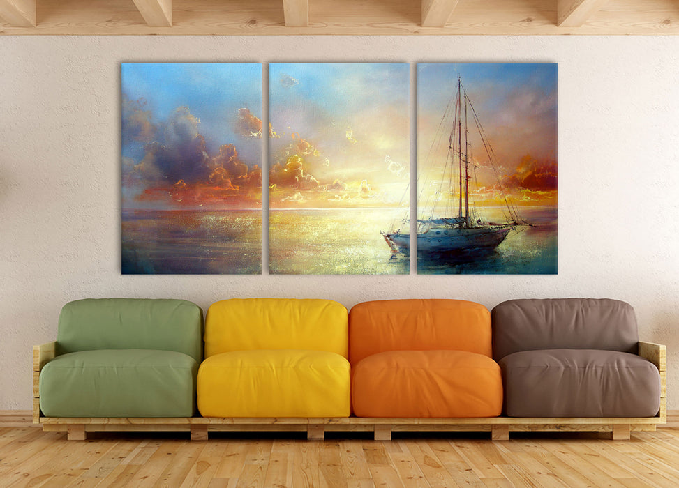 Schönes Gemälde eines Bootes, XXL Leinwandbild als 3 Teiler