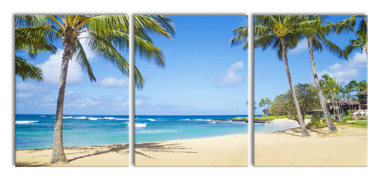 Wunderschöner Strand mit Palmen, XXL Leinwandbild als 3 Teiler