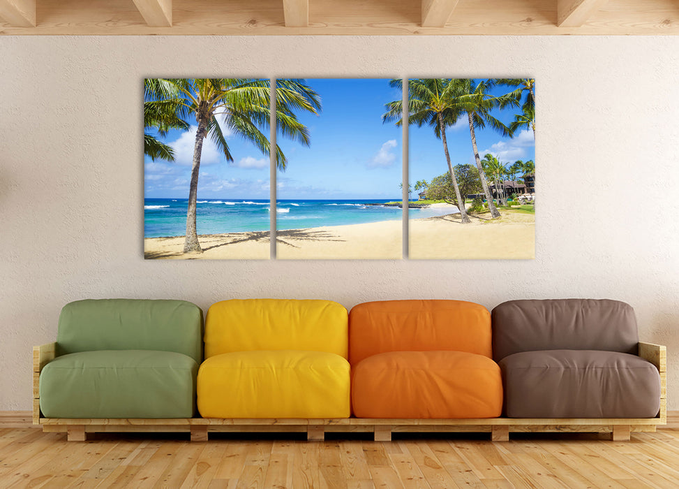 Wunderschöner Strand mit Palmen, XXL Leinwandbild als 3 Teiler