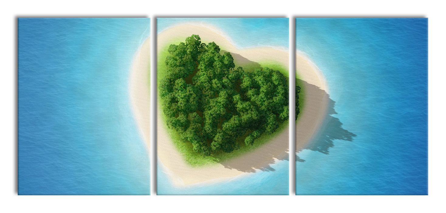 Herzförmige Insel, XXL Leinwandbild als 3 Teiler