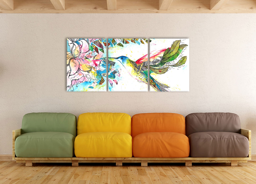 Kolibri Kunst, XXL Leinwandbild als 3 Teiler