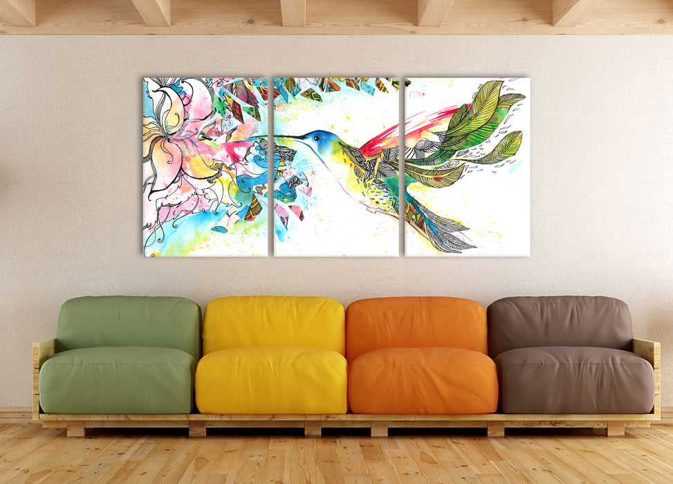 Kolibri Kunst, XXL Leinwandbild als 3 Teiler