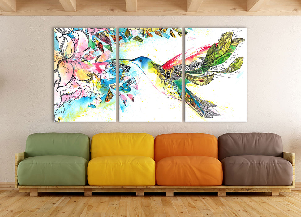 Kolibri Kunst, XXL Leinwandbild als 3 Teiler