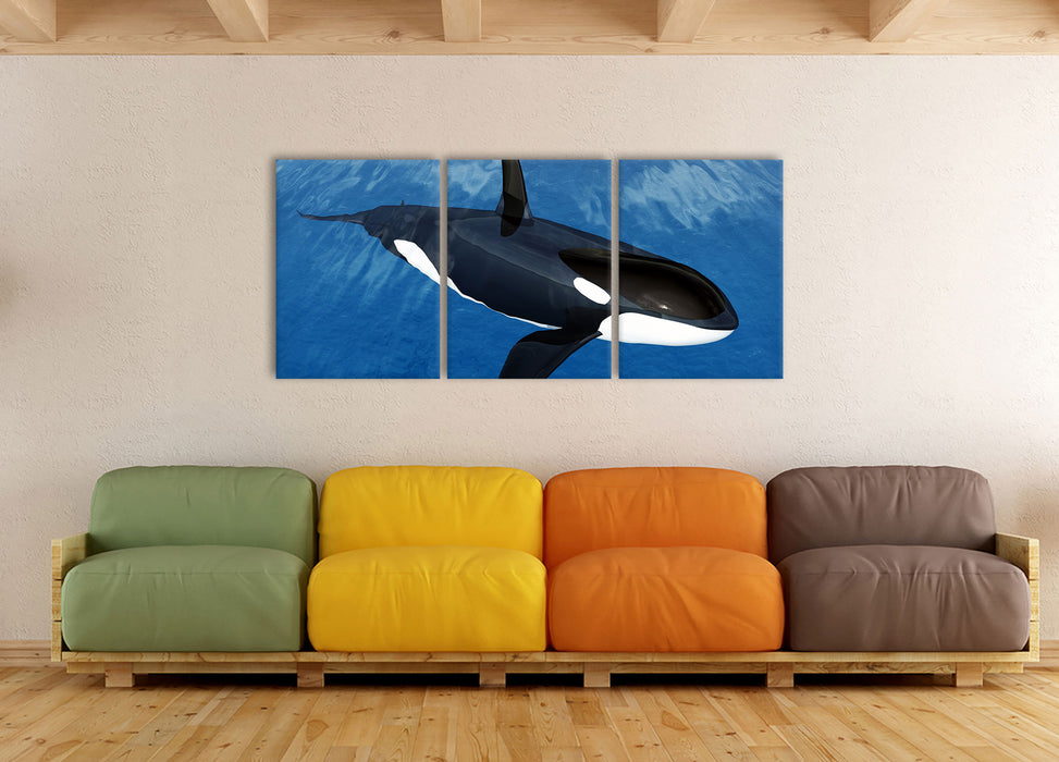 Orca im blauen Meer, XXL Leinwandbild als 3 Teiler