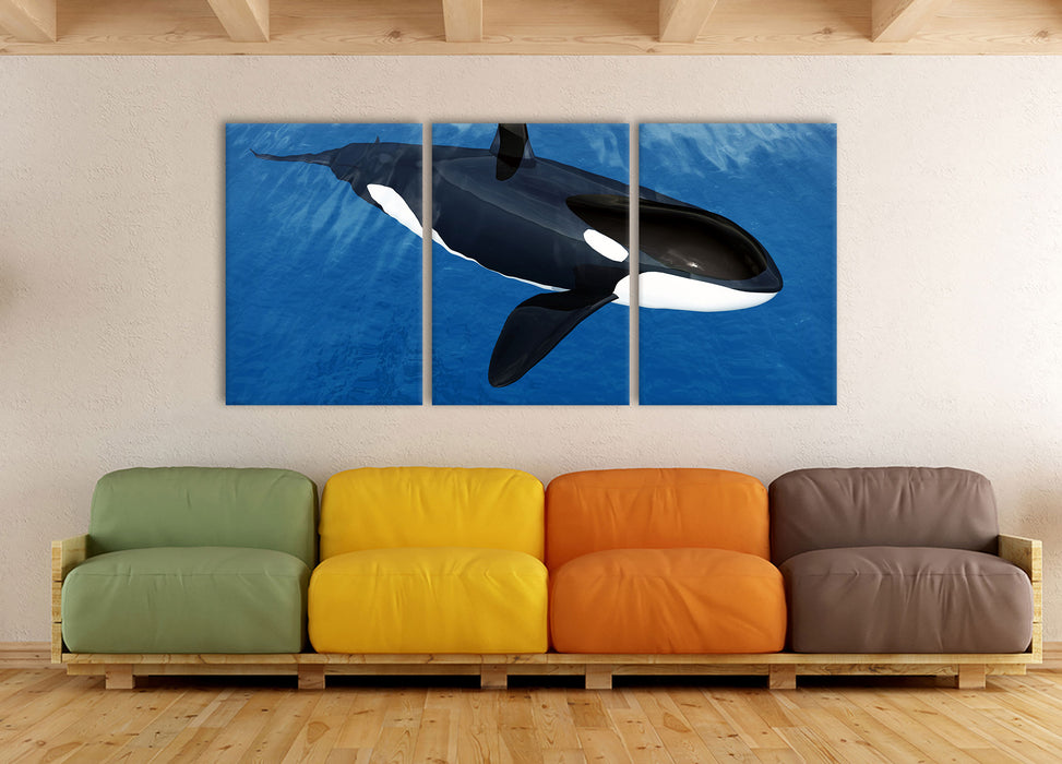 Orca im blauen Meer, XXL Leinwandbild als 3 Teiler