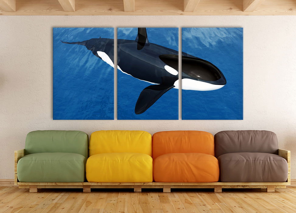 Orca im blauen Meer, XXL Leinwandbild als 3 Teiler