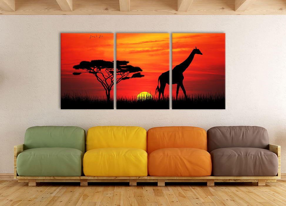 Giraffe im Sonnenuntergang, XXL Leinwandbild als 3 Teiler