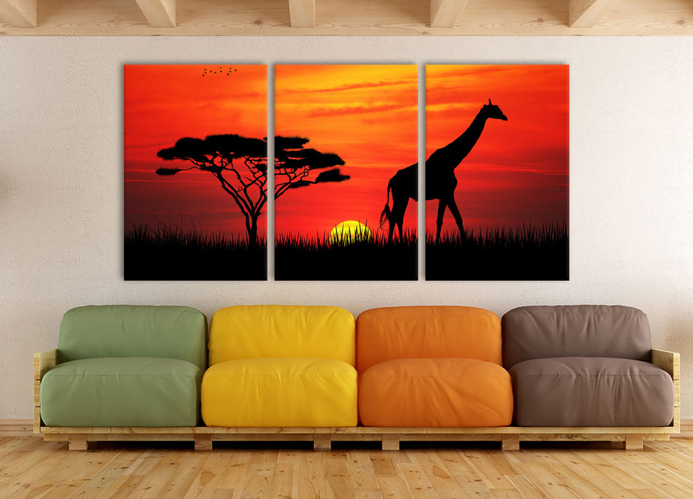 Giraffe im Sonnenuntergang, XXL Leinwandbild als 3 Teiler