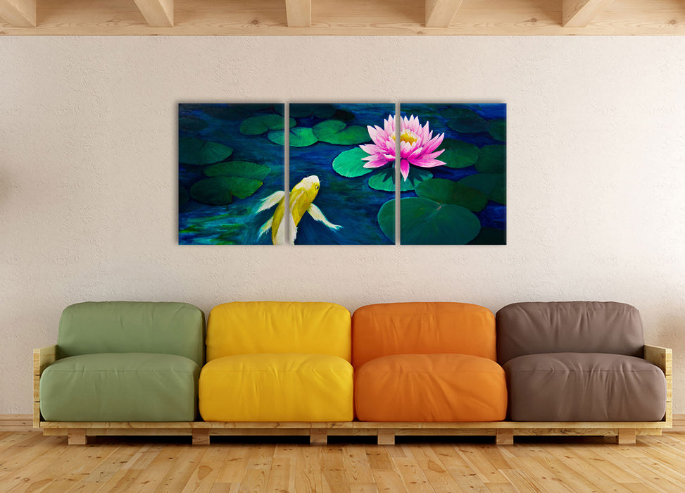 Koi mit Seerose Kunst, XXL Leinwandbild als 3 Teiler