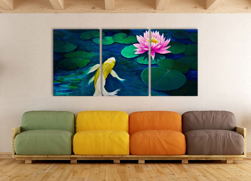 Koi mit Seerose Kunst, XXL Leinwandbild als 3 Teiler