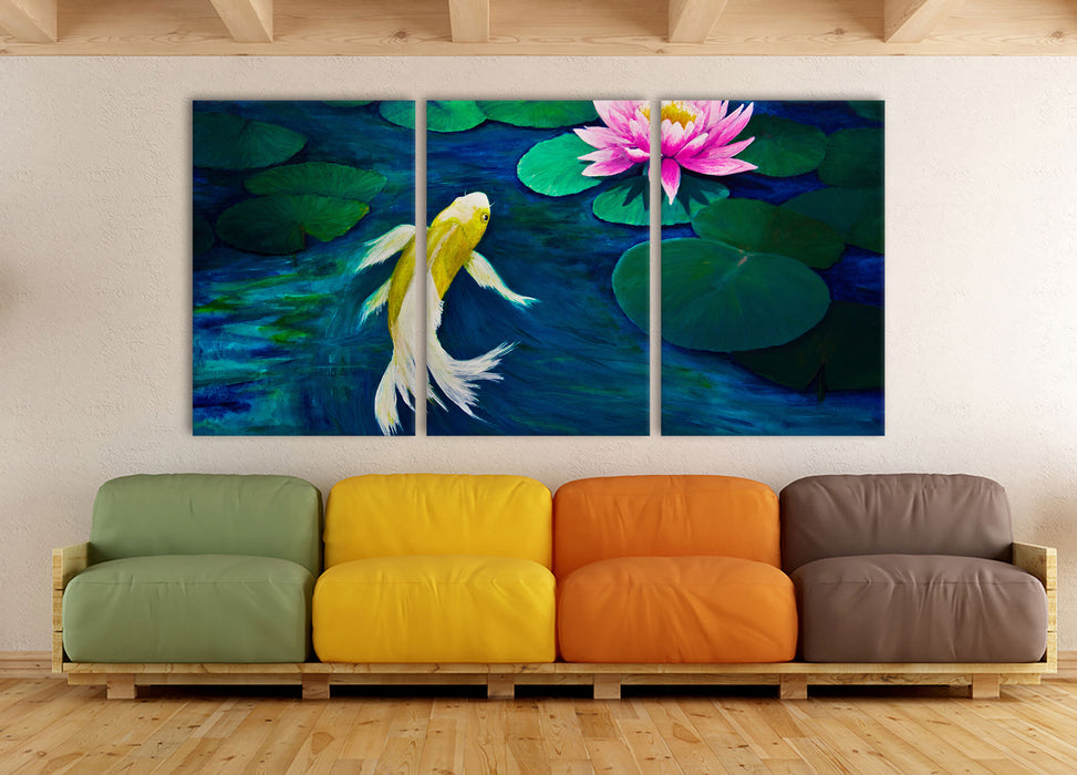 Koi mit Seerose Kunst, XXL Leinwandbild als 3 Teiler