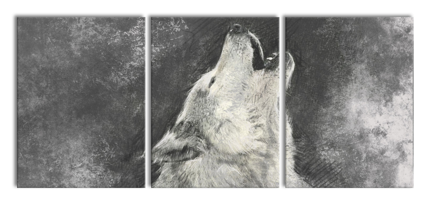 Heulender Wolf Kunst, XXL Leinwandbild als 3 Teiler