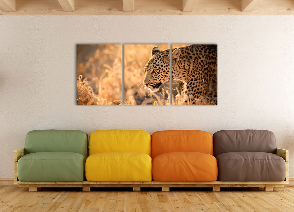 Jagender Leopard, XXL Leinwandbild als 3 Teiler