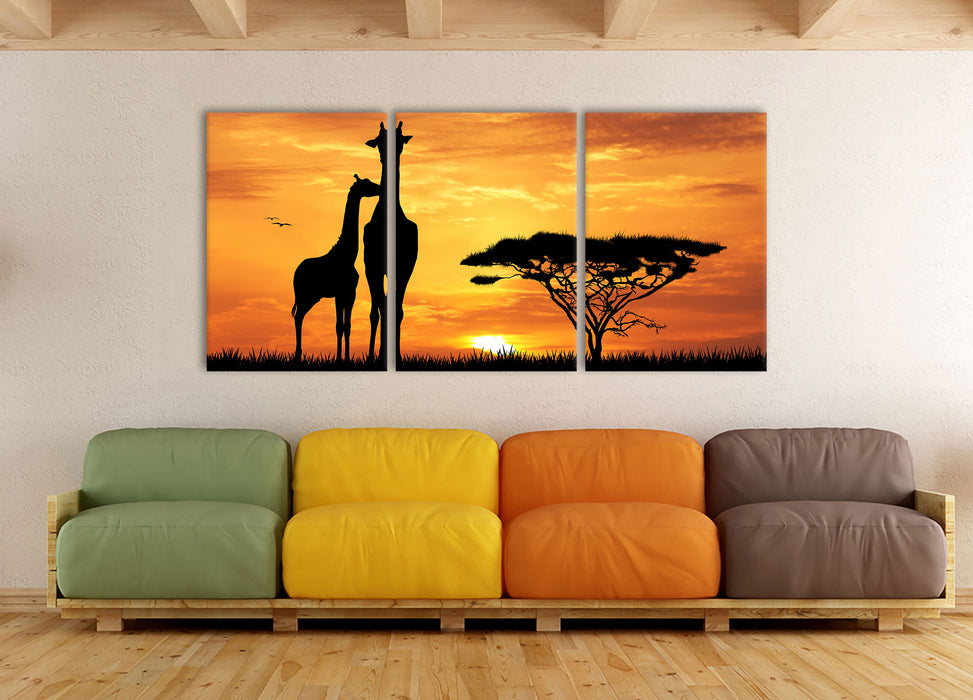Giraffen im Sonnenuntergang, XXL Leinwandbild als 3 Teiler