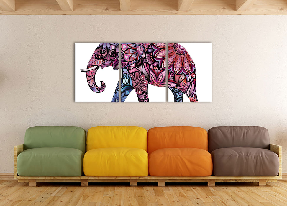 Elefant mit Ornamenten, XXL Leinwandbild als 3 Teiler