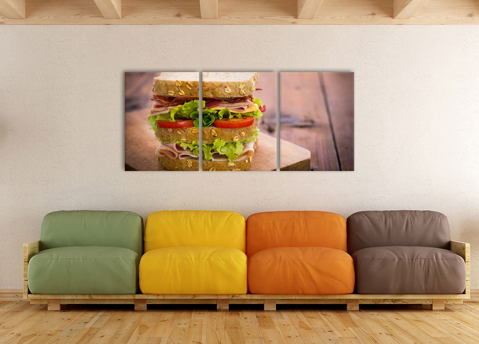 Doppeldecker Sandwich, XXL Leinwandbild als 3 Teiler