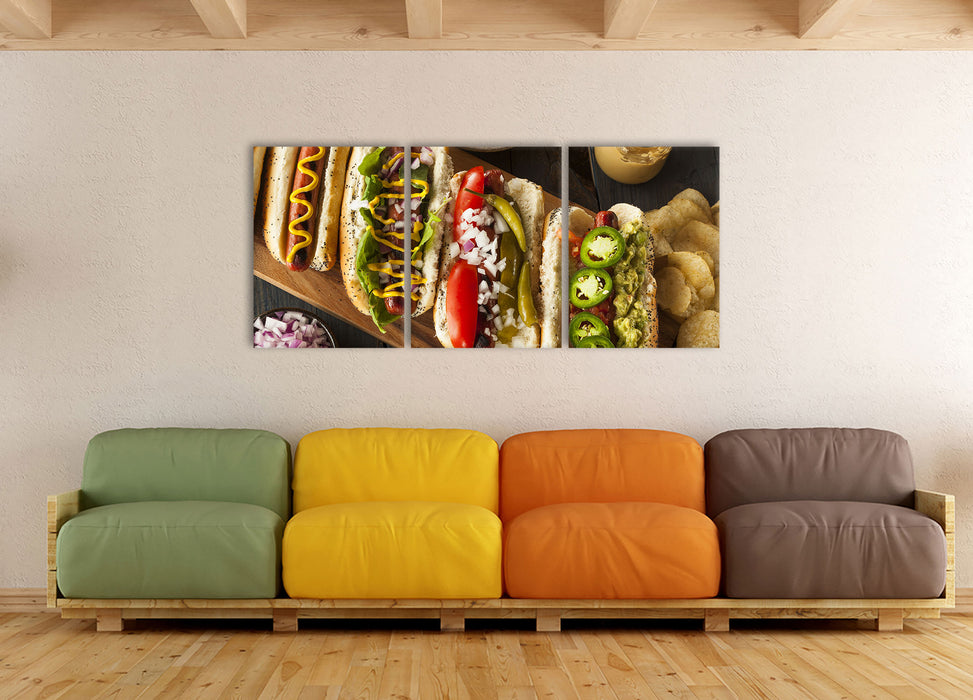 Amerikanische Hotdogs, XXL Leinwandbild als 3 Teiler