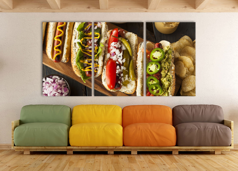Amerikanische Hotdogs, XXL Leinwandbild als 3 Teiler