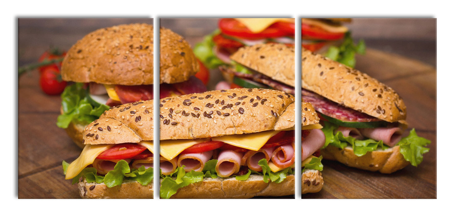 Köstliche Sandwiches, XXL Leinwandbild als 3 Teiler