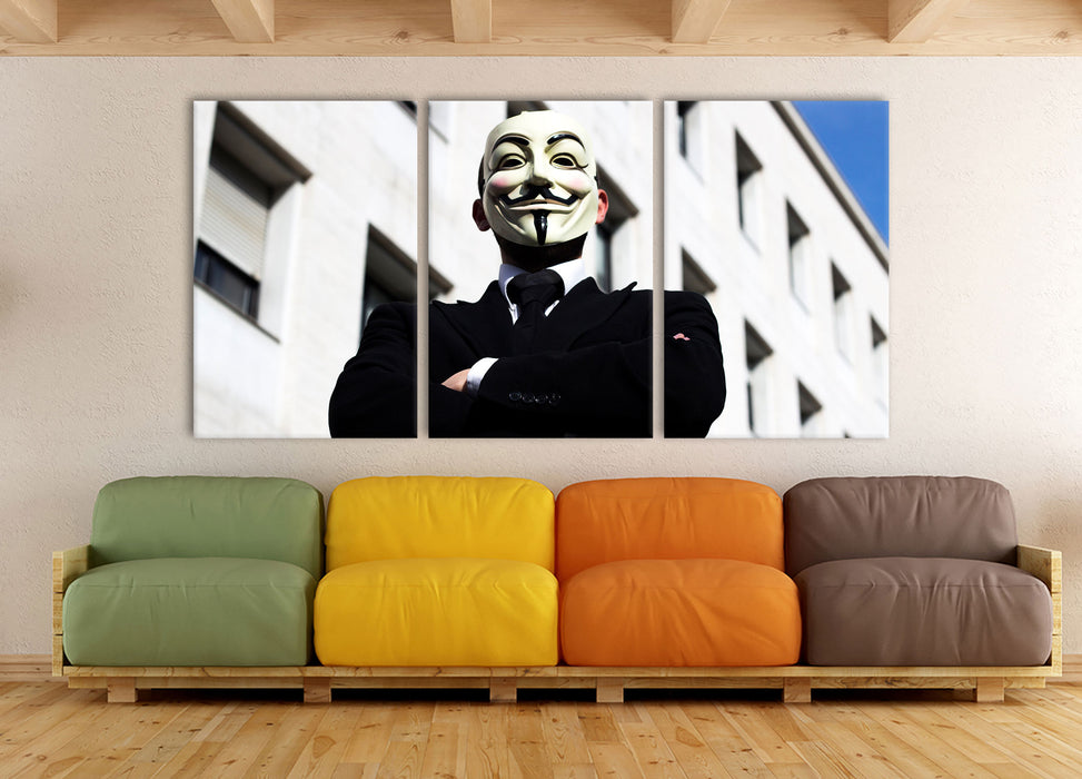 Anonymus Maske, XXL Leinwandbild als 3 Teiler