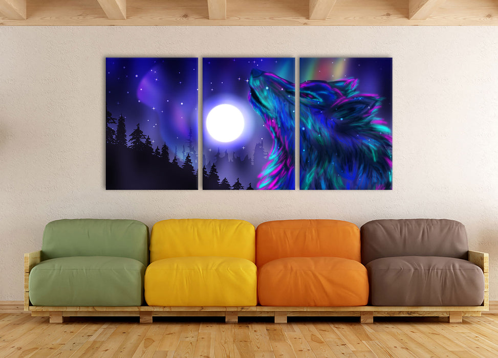 Abstrakter Wolf mit Mond, XXL Leinwandbild als 3 Teiler