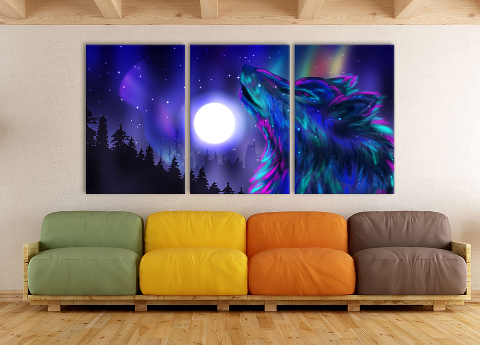 Abstrakter Wolf mit Mond, XXL Leinwandbild als 3 Teiler