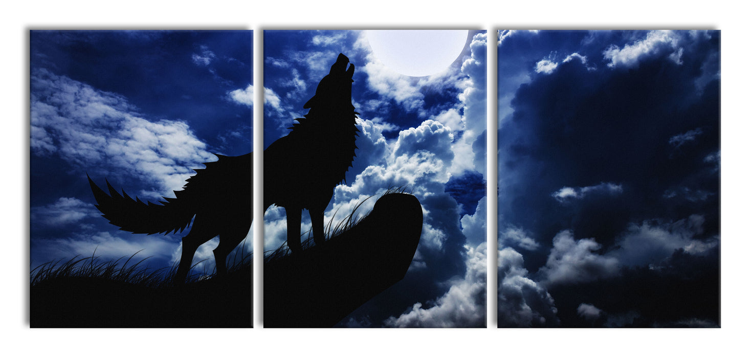 Wolf im Mondschein, XXL Leinwandbild als 3 Teiler