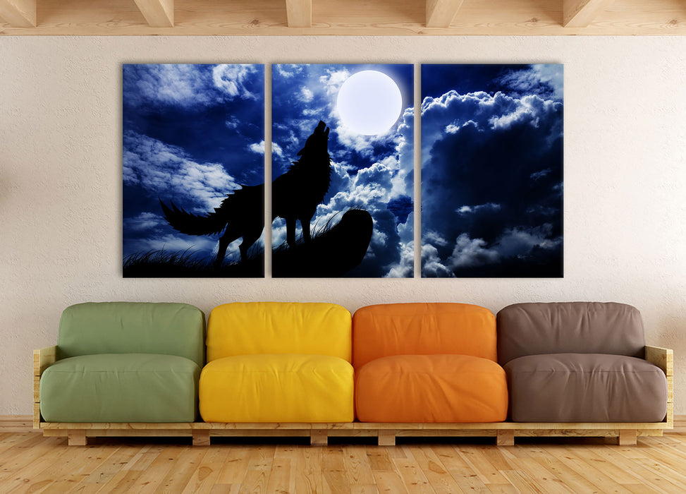 Wolf im Mondschein, XXL Leinwandbild als 3 Teiler