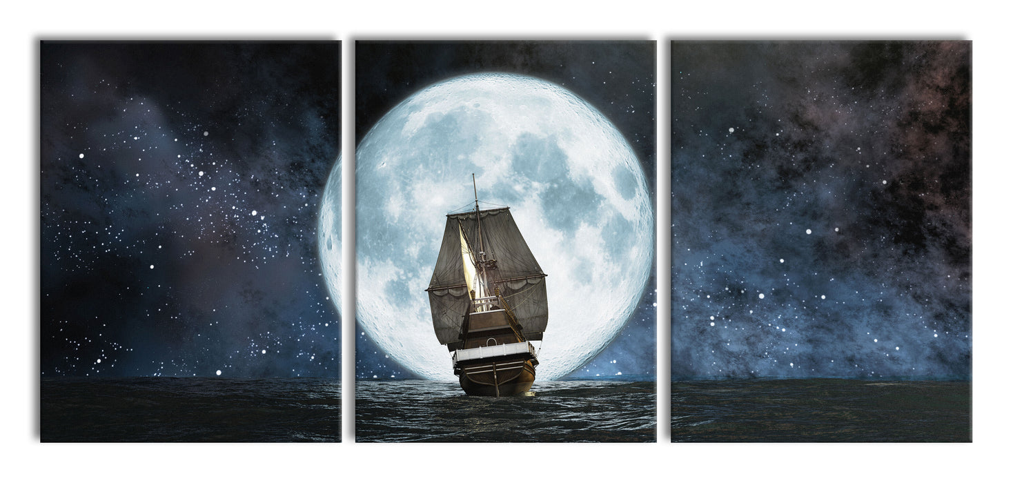 Segelschiff bei Vollmond, XXL Leinwandbild als 3 Teiler