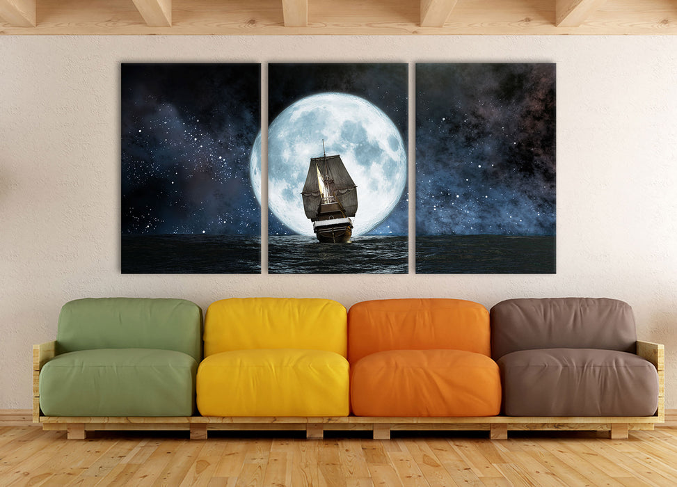 Segelschiff bei Vollmond, XXL Leinwandbild als 3 Teiler