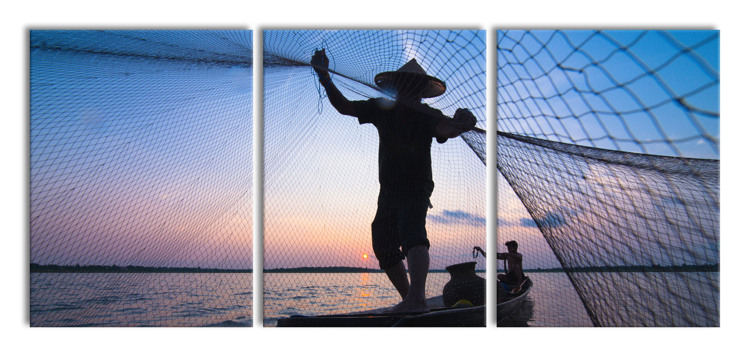 Fischer wirft sein Netz, XXL Leinwandbild als 3 Teiler