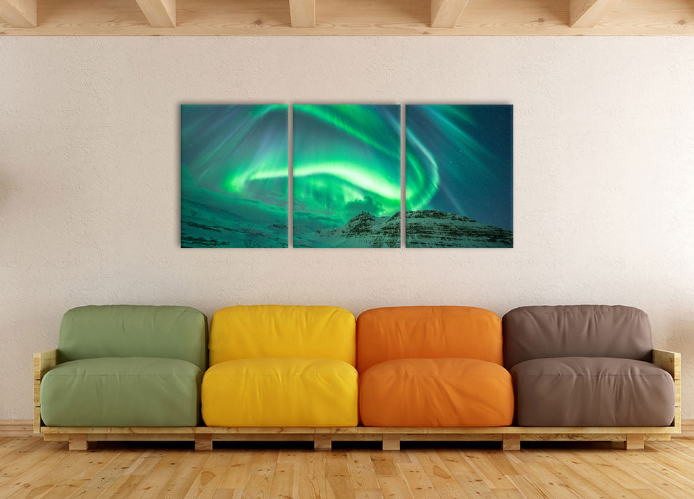 Nordlichter über Island, XXL Leinwandbild als 3 Teiler