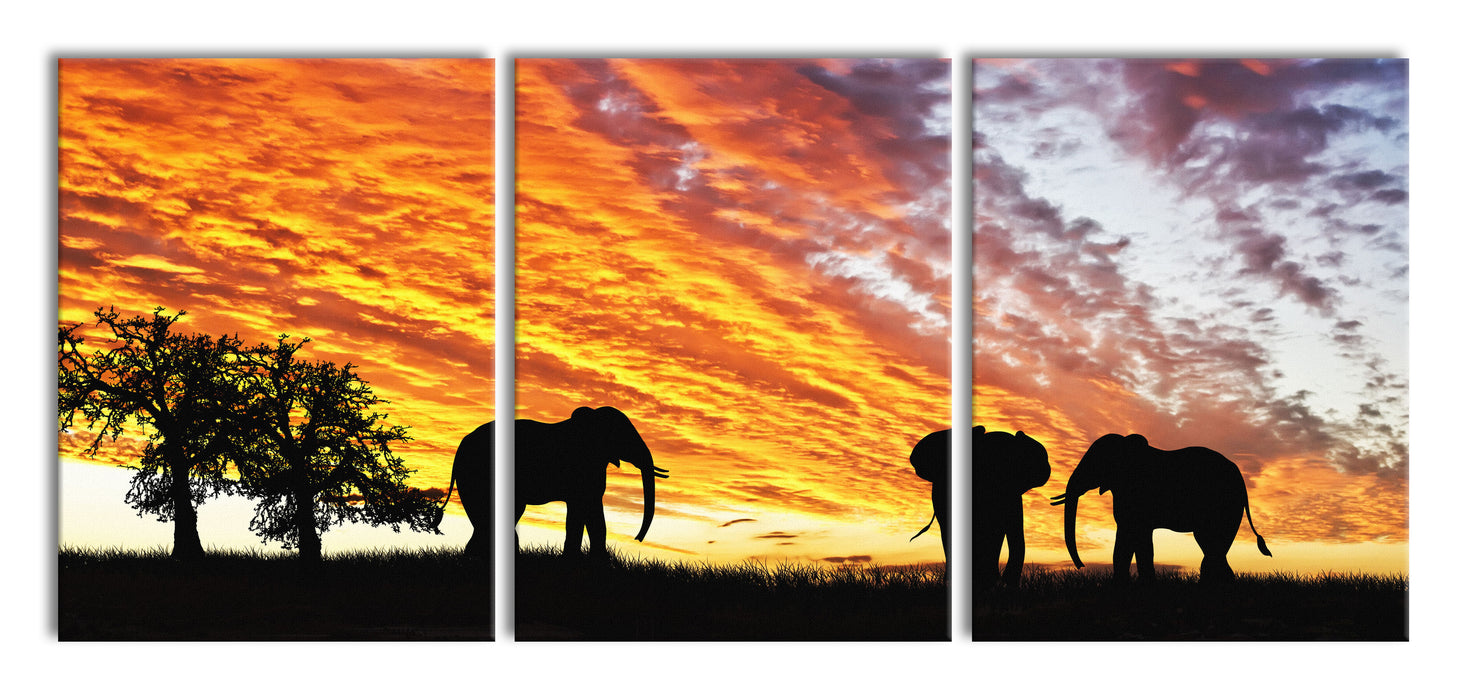 Elefanten in Wüste, XXL Leinwandbild als 3 Teiler