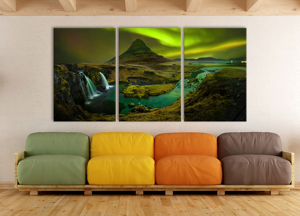 Kirkjufell Wasserfall, XXL Leinwandbild als 3 Teiler