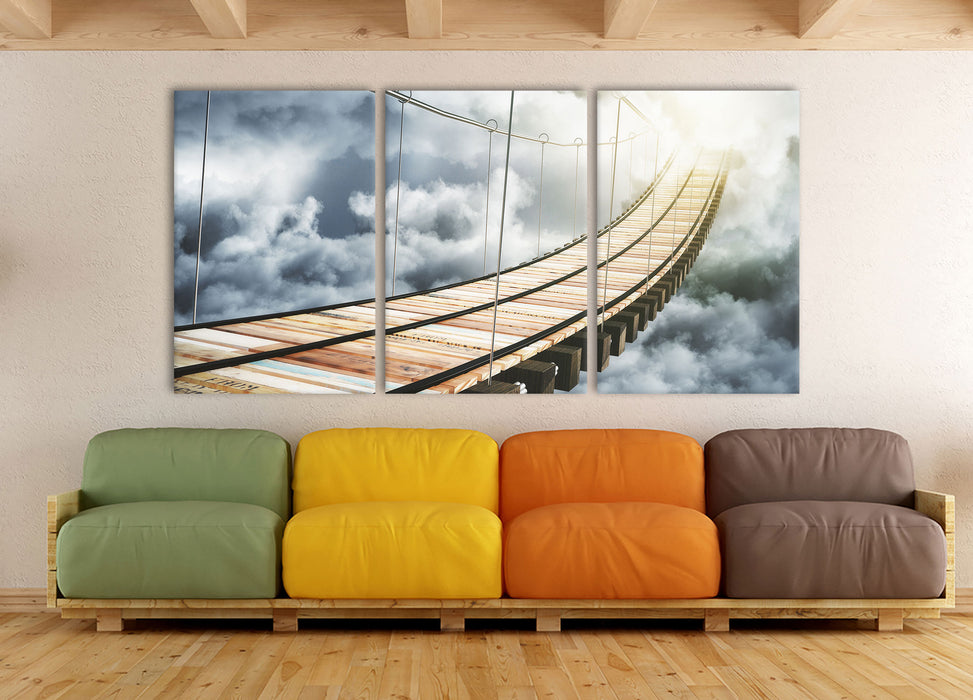 Hölzerne Brücke in den Wolken, XXL Leinwandbild als 3 Teiler