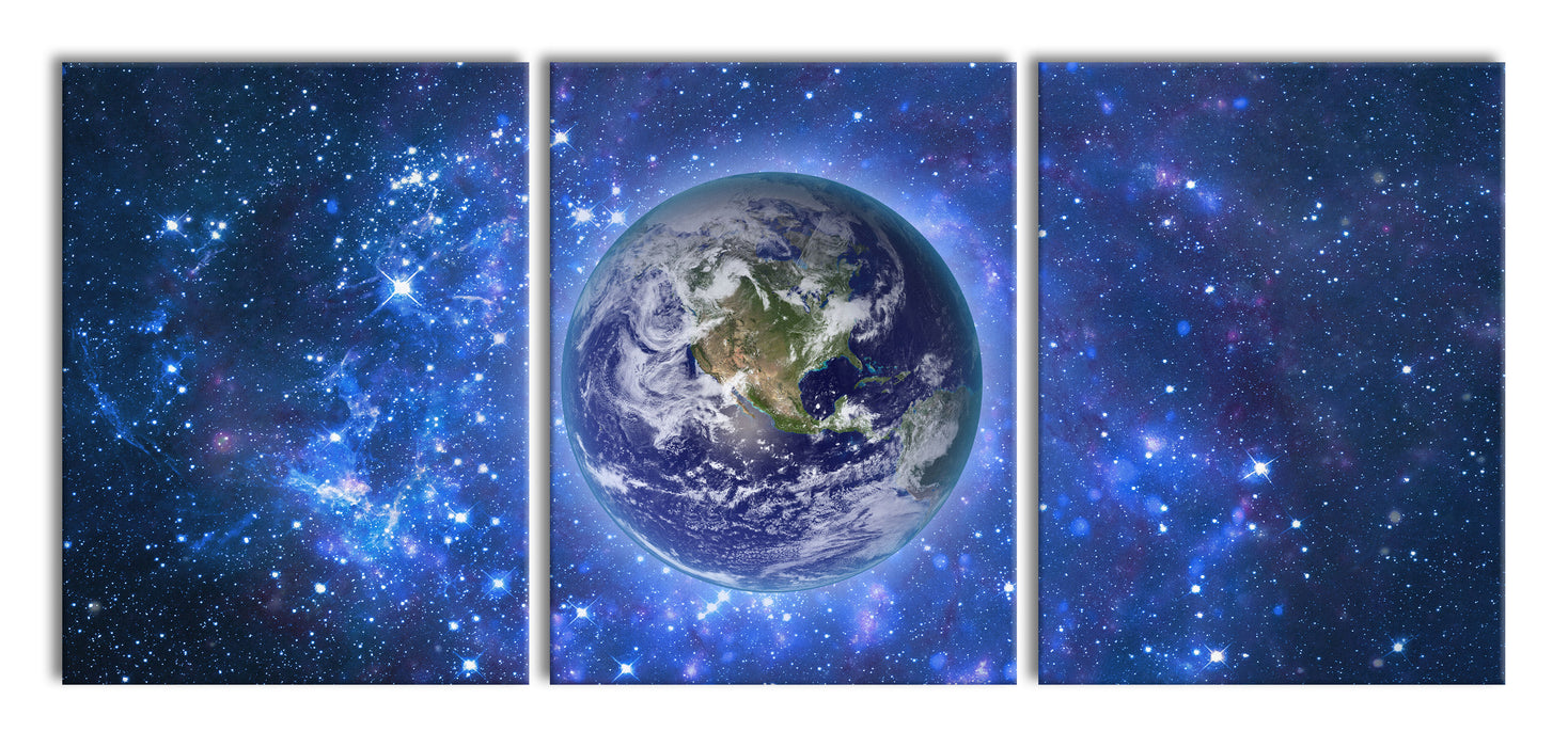 Planet Erde im Weltraum, XXL Leinwandbild als 3 Teiler