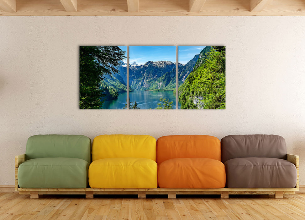 Blick auf den Königssee, XXL Leinwandbild als 3 Teiler