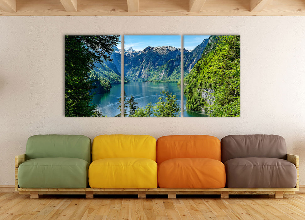 Blick auf den Königssee, XXL Leinwandbild als 3 Teiler