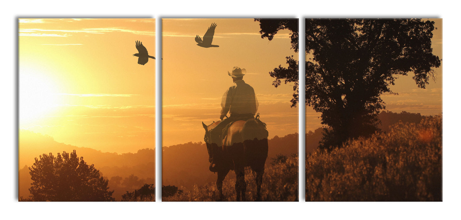 Ein Cowboy im Sonnenuntergang, XXL Leinwandbild als 3 Teiler
