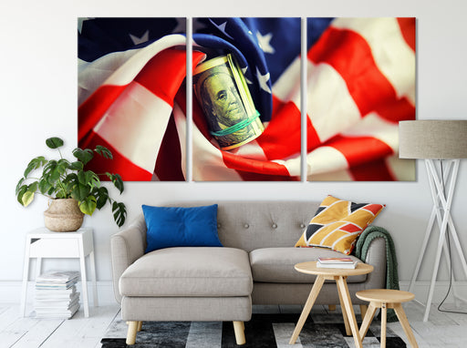 USA Flagge mit Dollarschein Leinwandbild Wohnzimmer XXL