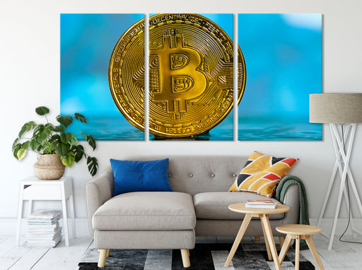Bitcoin BTC reflektiert Wasser Leinwandbild Wohnzimmer XXL