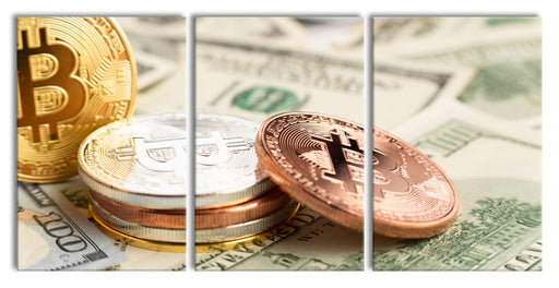 Bitcoins BTC auf Dollarscheinen Leinwandbild XXL