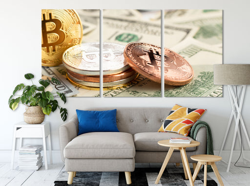 Bitcoins BTC auf Dollarscheinen Leinwandbild Wohnzimmer XXL