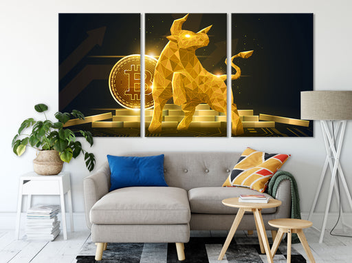Bitcoin BTC mit goldenem Stier Leinwandbild Wohnzimmer XXL