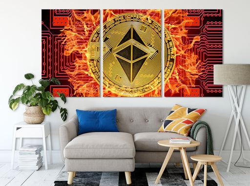 Bitcoin BTC mit Flammen Leinwandbild Wohnzimmer XXL