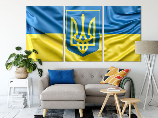 Ukraine Flagge mit Wappen Leinwandbild Wohnzimmer XXL