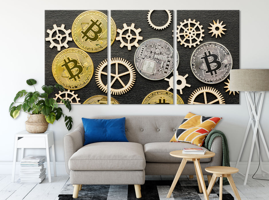 Bitcoins BTC mit Zahnrädern Leinwandbild Wohnzimmer XXL